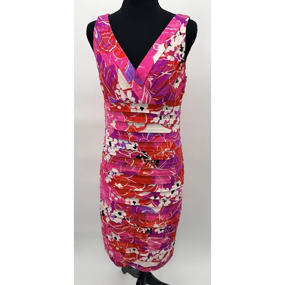 London Times Size 10 Floral Ruched Sheath Dress Pink Red Purple Sleeveless